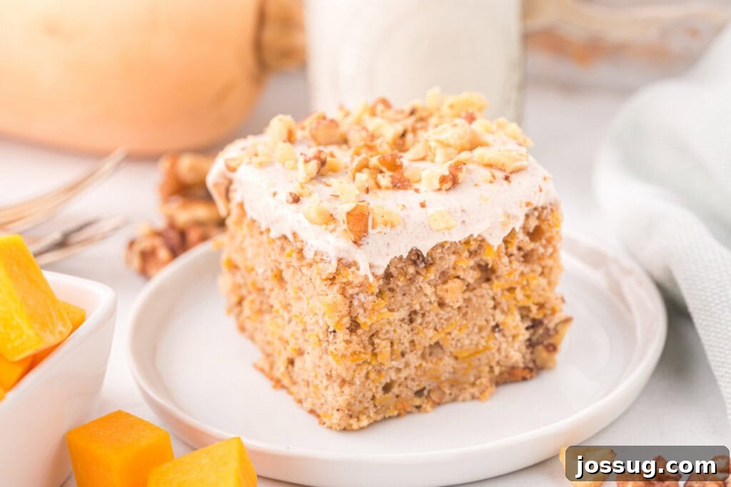 Spiced Golden Butternut Cake 13 A wide, appetizing view of a perfectly frosted slice of butternut squash cake on a pristine plate, artfully surrounded by whole walnuts and delicate pieces of raw squash, emphasizing its wholesome ingredients.