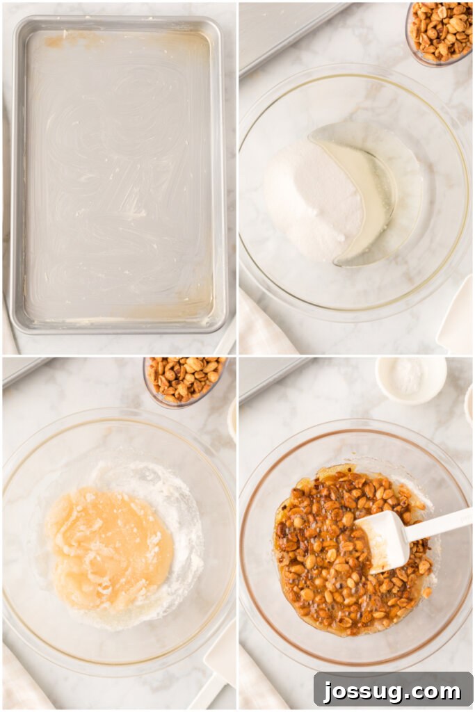 The process of making peanut brittle, showing the mixture turning caramel color in a bowl.