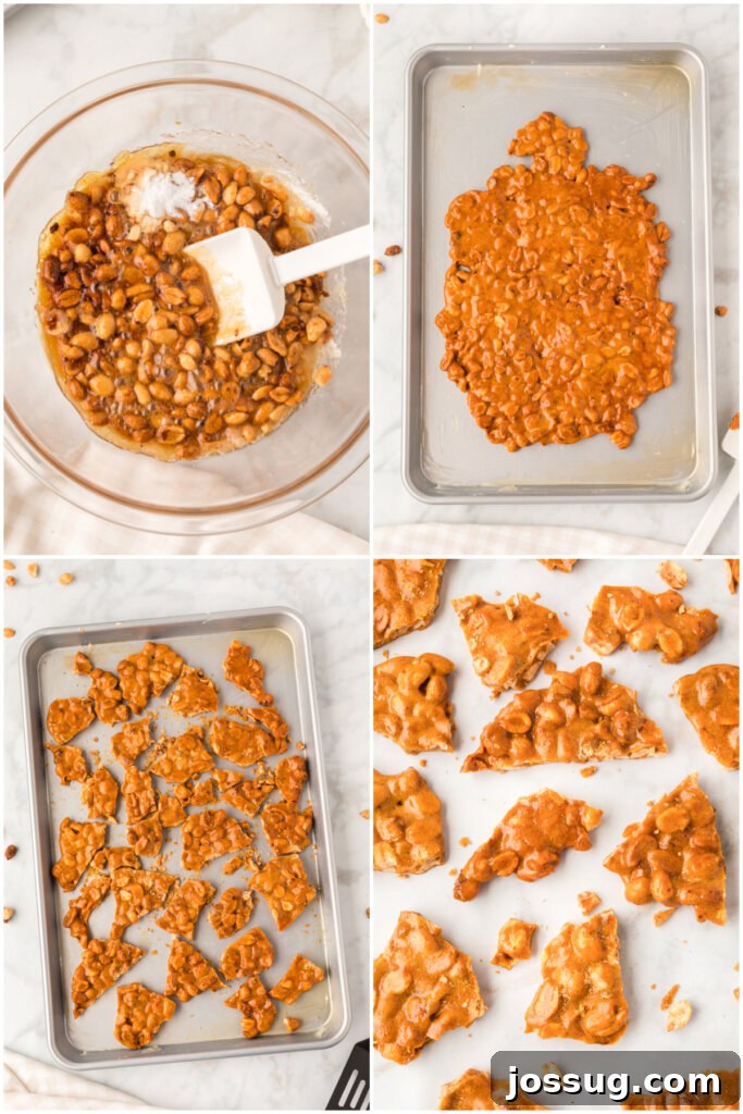 Finished microwave peanut brittle cooling on a baking sheet, ready to be broken into pieces.