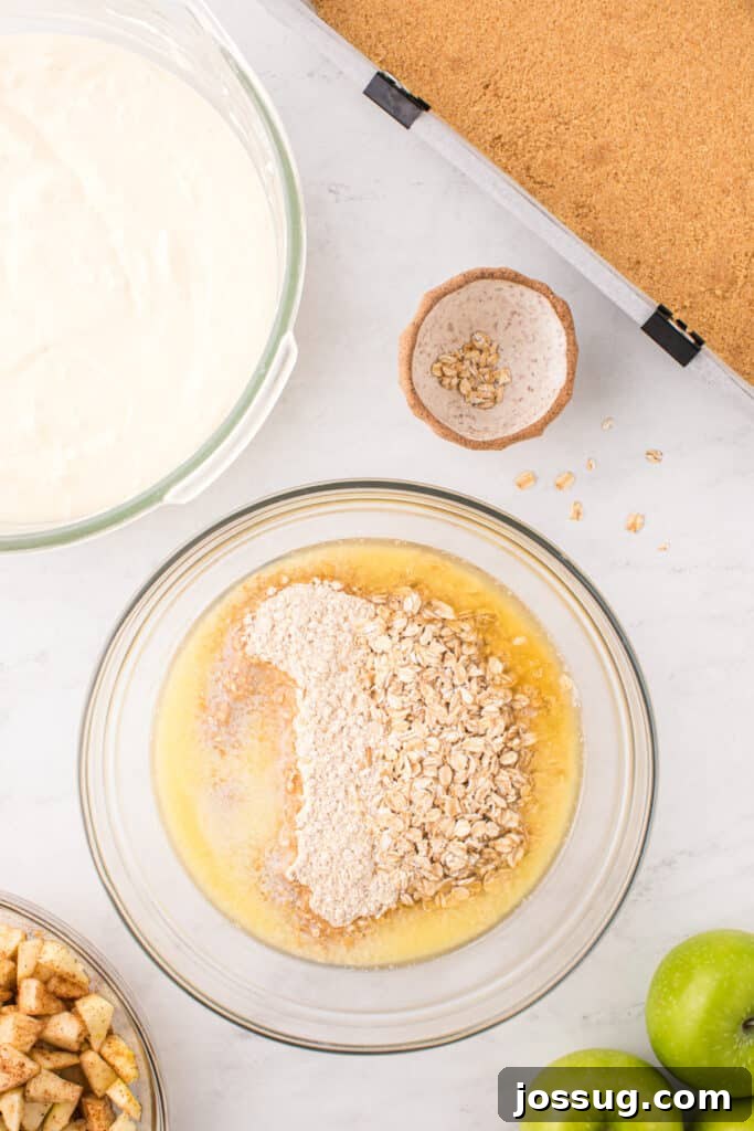 Bowl with oats, oatmeal cookie mix, and melted butter being combined for the delicious crumb topping.