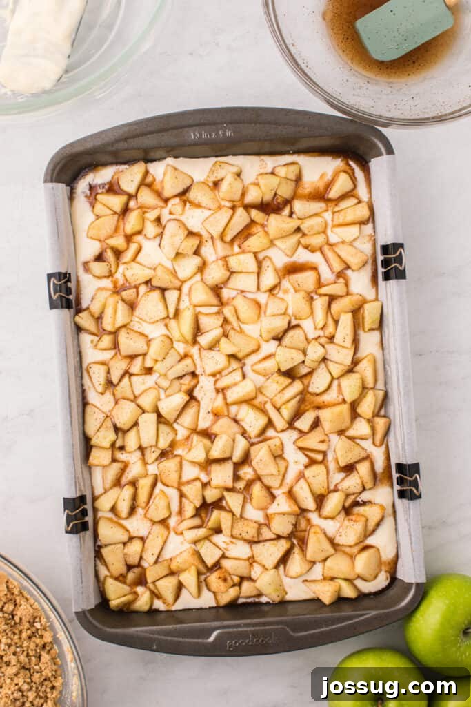 Spiced apple mixture layered evenly over the cheesecake filling in the pan, ready for the final topping.