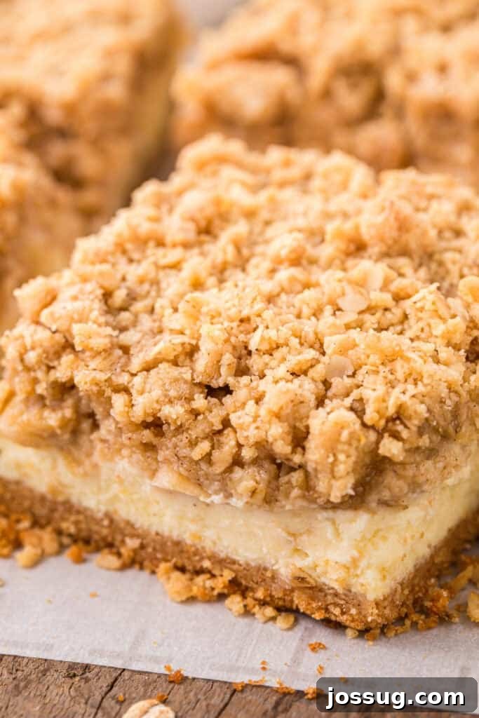 Side view of a single caramel apple cheesecake bar, clearly displaying the distinct layers of graham cracker crust, creamy cheesecake, spiced apples, and crumb topping.