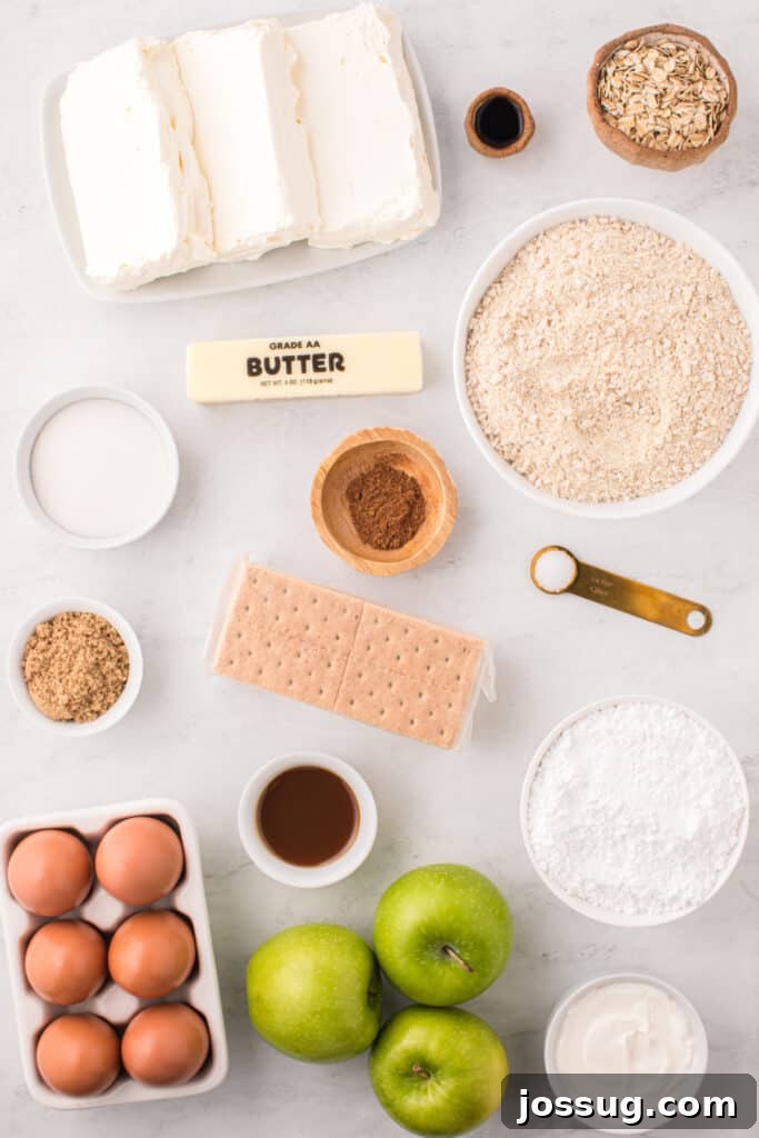 Overhead view of all ingredients for caramel apple cheesecake bars including cream cheese, butter, sugar, graham crackers, oats, apples, eggs, and various spices.
