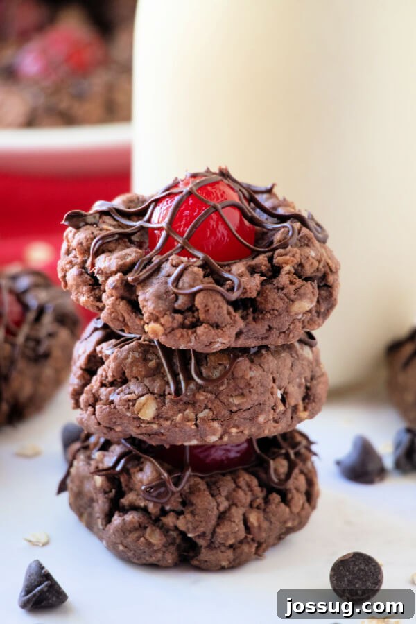 Decadent Chocolate Cherry Thumbprints 3 Stack of three freshly baked Chocolate Cherry Thumbprint Cookies, showcasing their rich texture