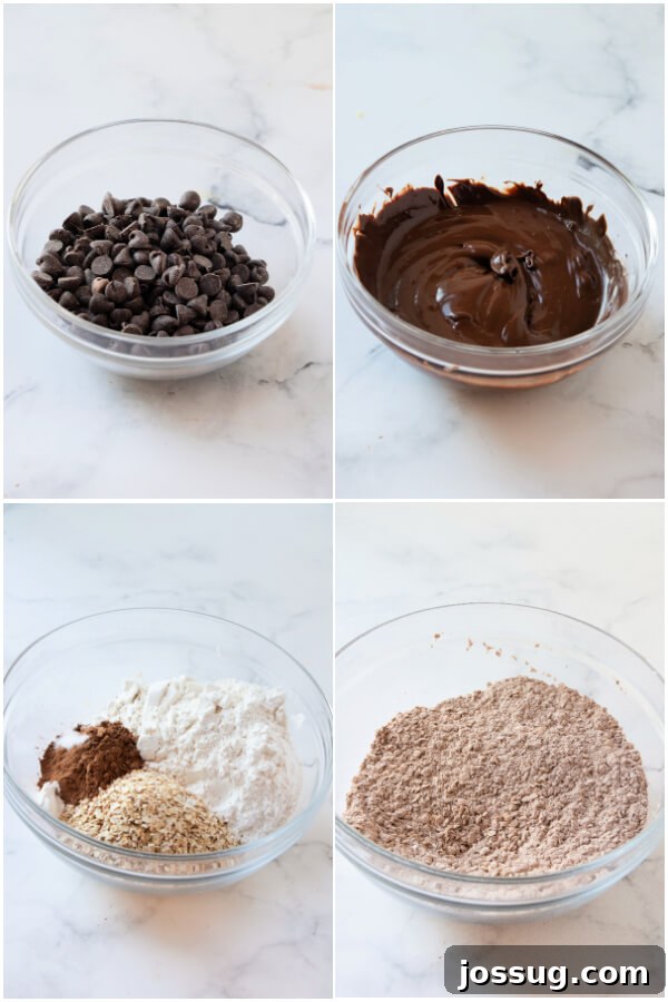 Decadent Chocolate Cherry Thumbprints 4 Ingredients for chocolate cherry thumbprint cookies laid out: chocolate chips, oats, flour, cocoa, butter, sugar, eggs, vanilla, and cherries