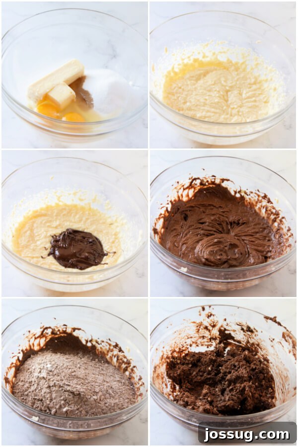 Decadent Chocolate Cherry Thumbprints 5 Steps showing how to combine dry ingredients and mix cookie dough
