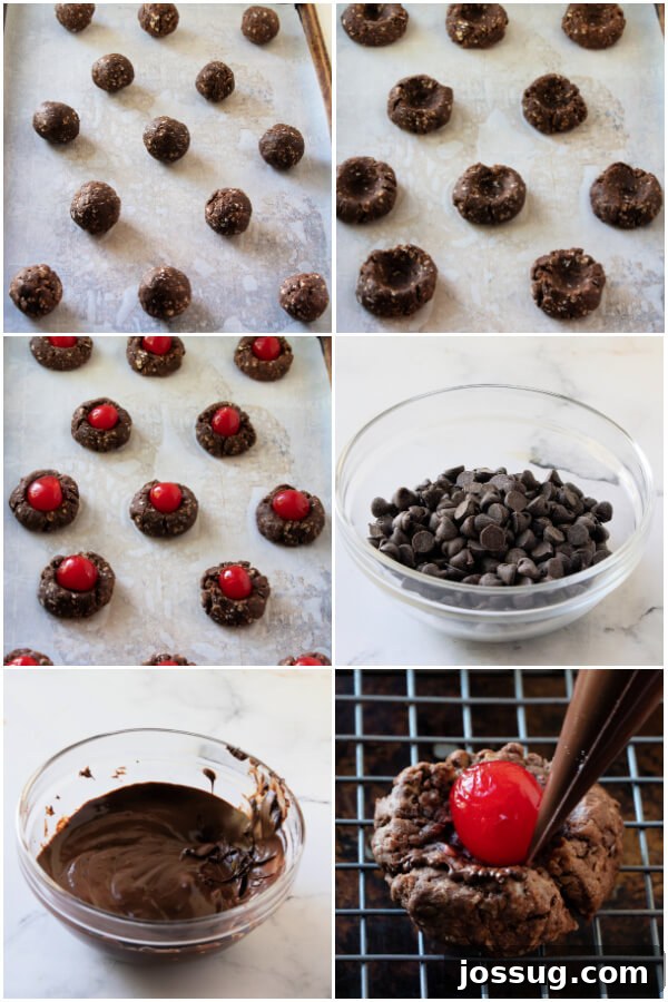 Decadent Chocolate Cherry Thumbprints 6 Hands shaping cookie dough balls and drizzling melted chocolate over baked cookies