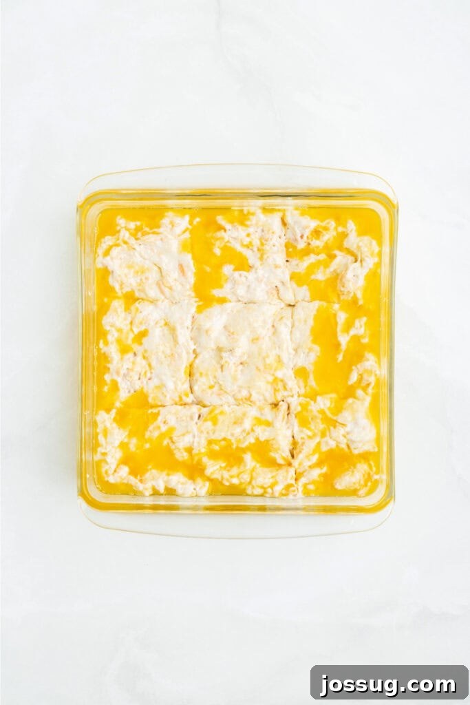 Biscuit dough scored into 9 distinct squares directly in the butter-filled baking dish, preparing for even baking.
