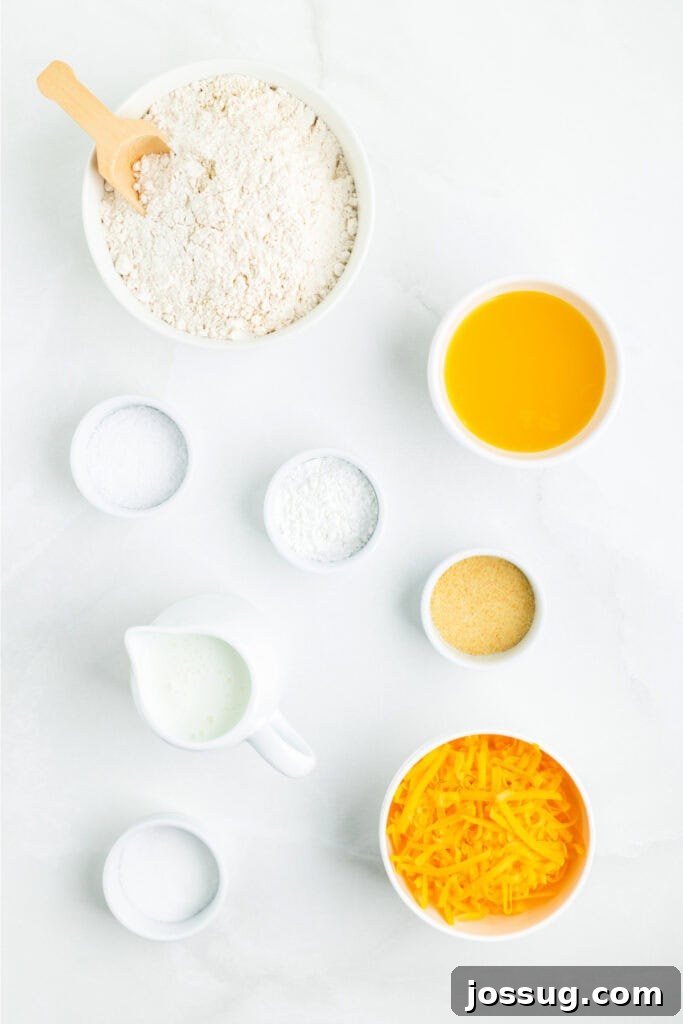 Overhead view of measured ingredients for Cheddar Butter Swim Biscuits including flour, shredded cheddar, melted butter, buttermilk, salt, and garlic powder, neatly arranged.