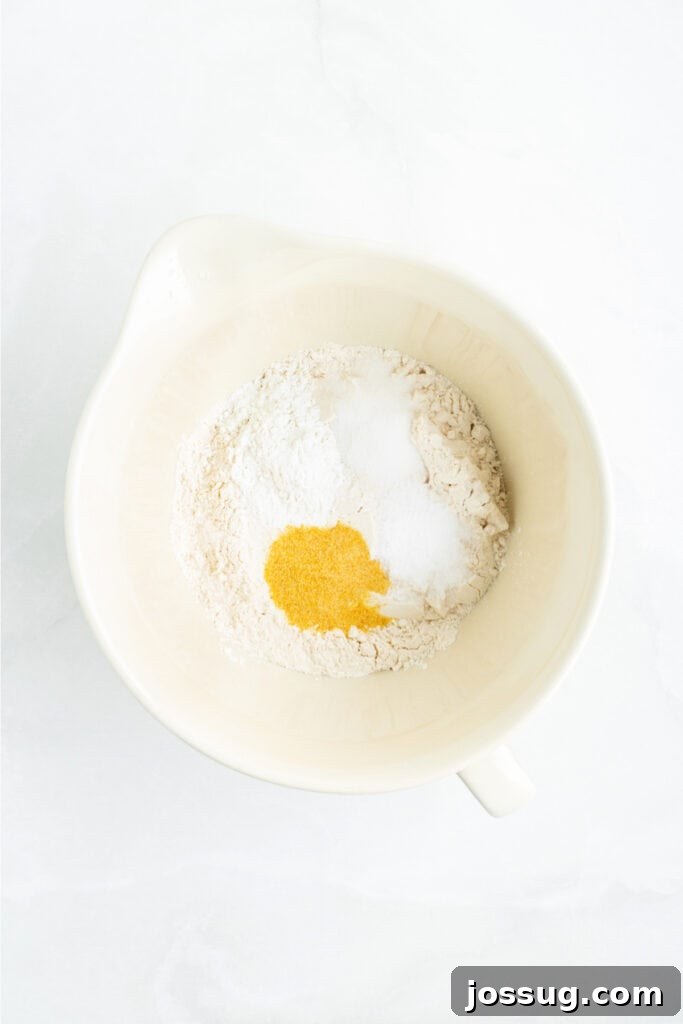 Mixing bowl with flour, baking powder, sugar, salt, and garlic powder ready to be whisked together for perfect distribution.
