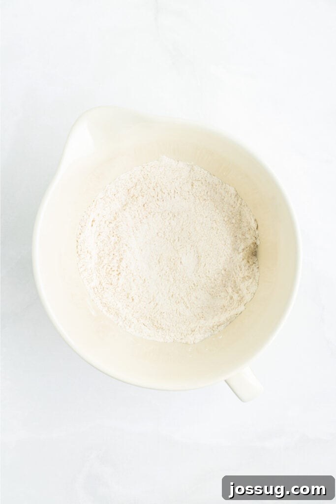 Dry ingredients thoroughly whisked together in a mixing bowl for Cheddar Butter Swim Biscuits, ensuring even flavor distribution.