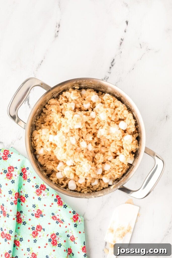 Caramelized Butter Rice Crisps 11 Gooey rice crispy mixture with partially melted marshmallows stirred in, creating a soft and chewy texture.