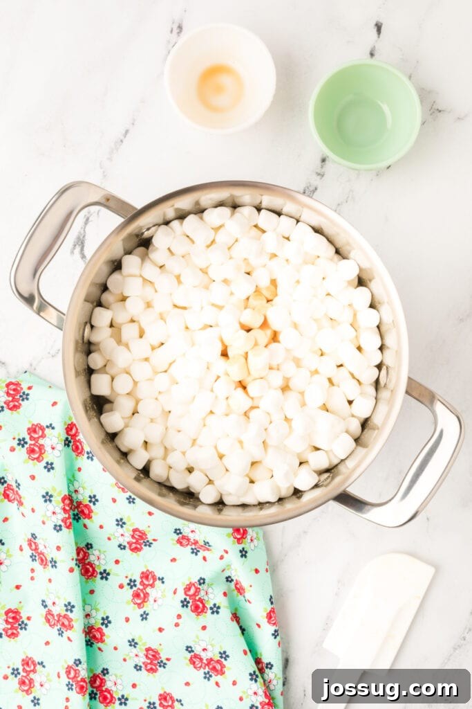 Caramelized Butter Rice Crisps 6 Mini marshmallows added to a pot of browned butter, vanilla, and salt for Browned Butter Rice Crispy Treats.