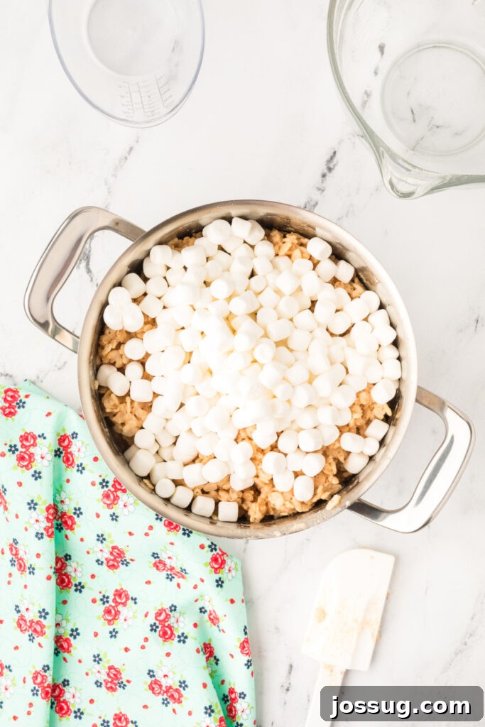 Caramelized Butter Rice Crisps 10 Reserved mini marshmallows added to the pot of cereal mixture for extra gooey pockets in the Browned Butter Rice Crispy Treats.