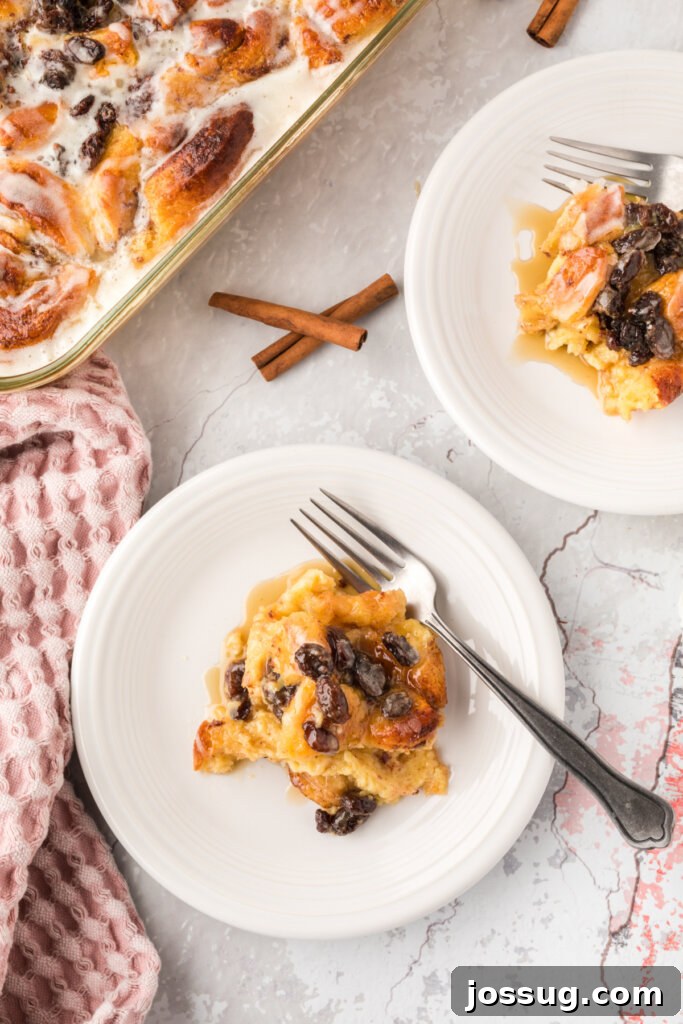 Warm Cinnamon Roll Bread Bliss 4 Individual portions of Cinnamon Roll Bread Pudding on plates