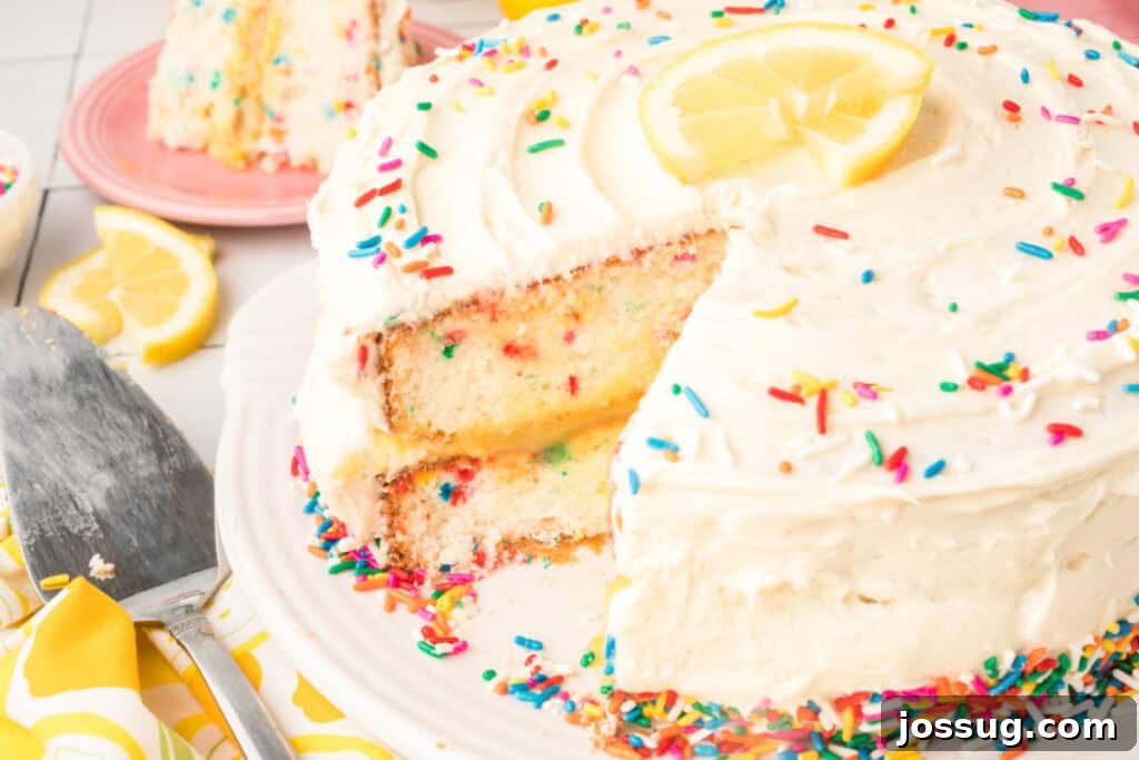 Whimsical Lemon Sprinkle Cake 11 lemon funfetti cake with slice cut out