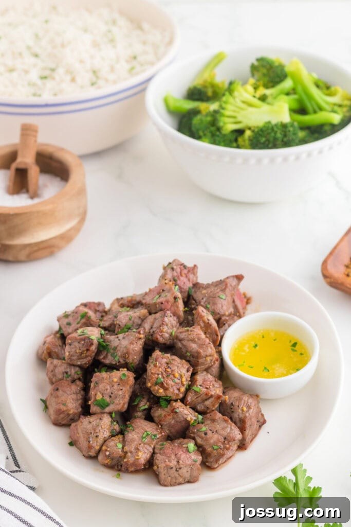 Crispy Air Fryer Steak Bites 2 Air fryer steak bites served with rice and broccoli for a complete meal, highlighting a quick and healthy dinner option.
