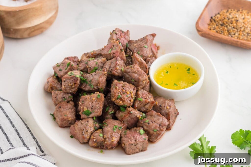 Crispy Air Fryer Steak Bites 10 Plate of juicy air fryer steak bites garnished with parsley and served with melted garlic butter dip, showcasing the delicious finished product.