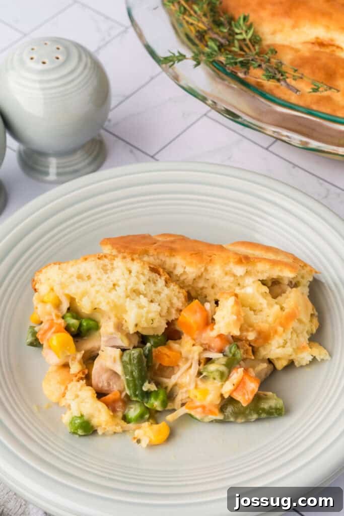 Close-up of a serving of Chicken Biscuit Pot Pie showing creamy chicken filling with peas, carrots, and golden biscuit topping.