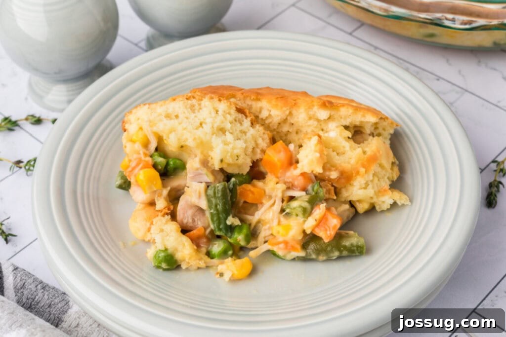 Close-up of a serving of Chicken Biscuit Pot Pie showing tender vegetables, chicken, and fluffy biscuit crust.