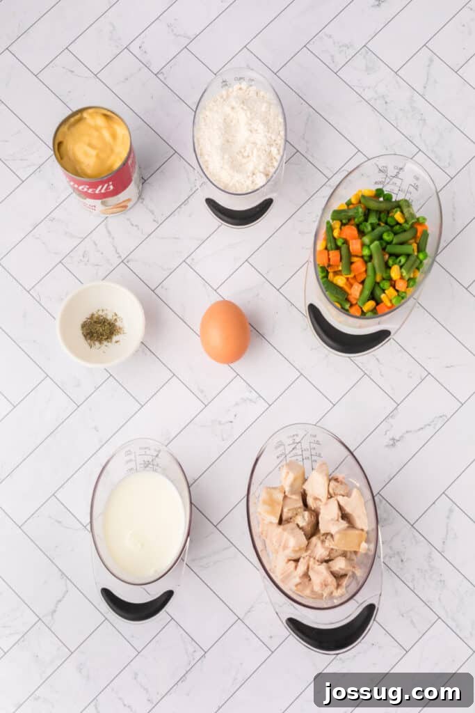 Overhead view of Chicken Biscuit Pot Pie ingredients measured out, including cream of chicken soup, biscuit mix, milk, egg, chicken, vegetables, and thyme.