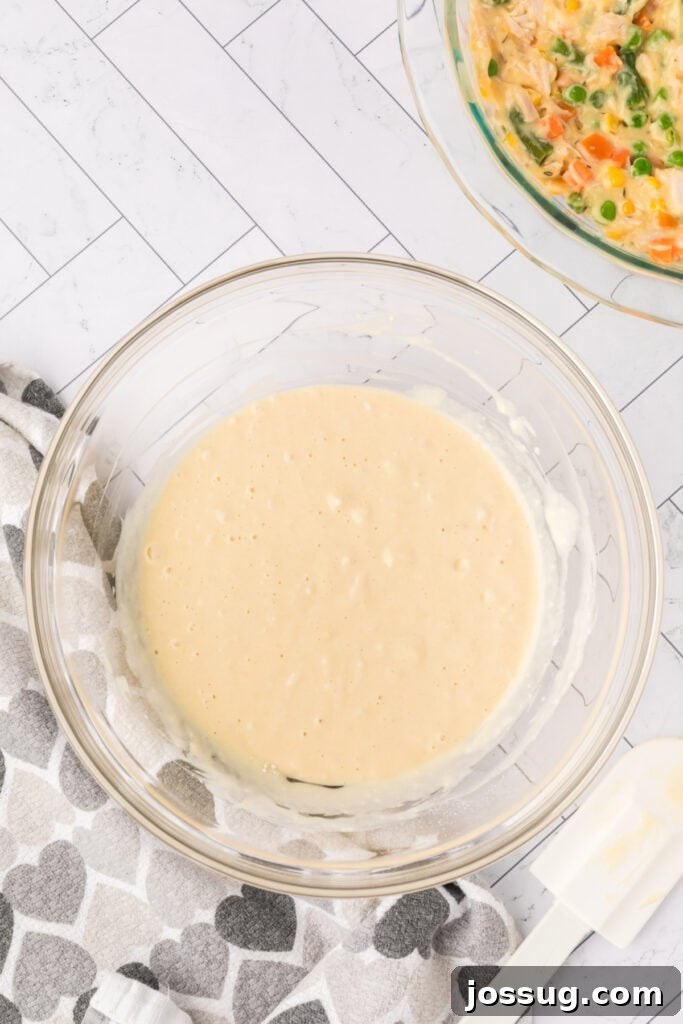 Smooth biscuit batter in a glass bowl ready to be spread over the chicken filling.