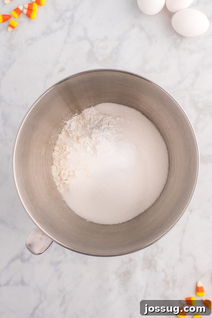 Mixing bowl filled with flour, sugar, and leavening ingredients before combining with wet ingredients.