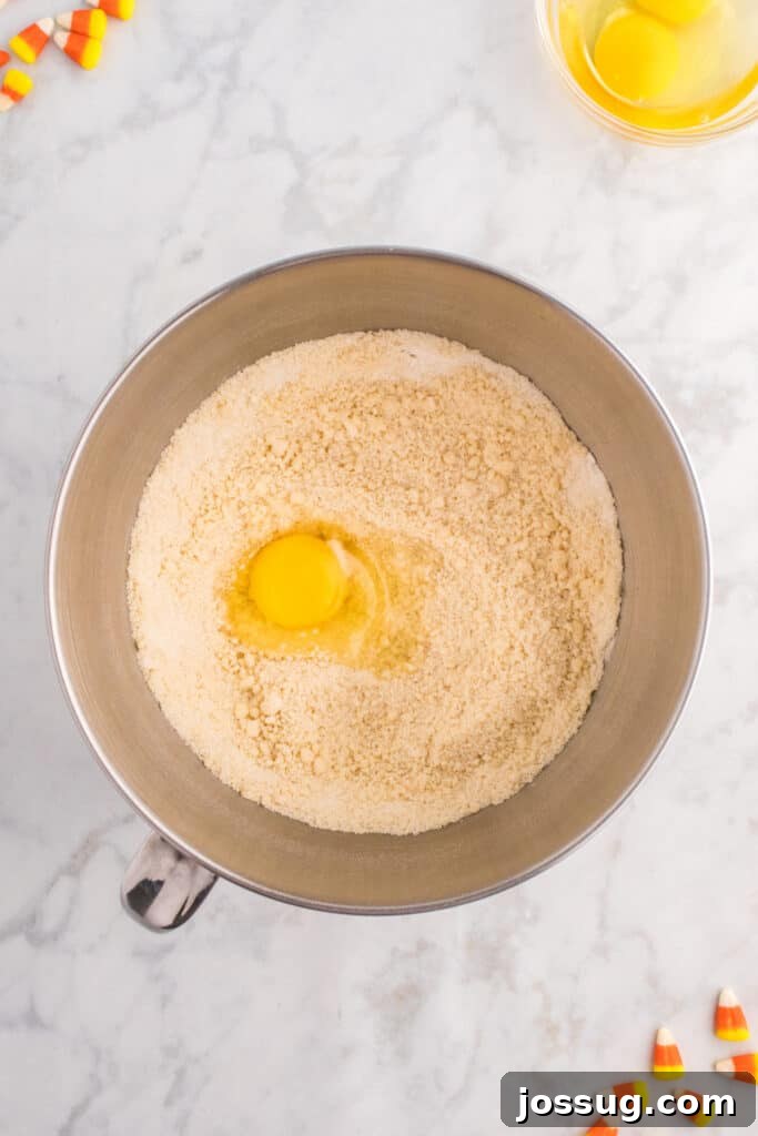 Mixing bowl showing coarse, crumbly batter with an egg cracked in the center ready to be mixed in.