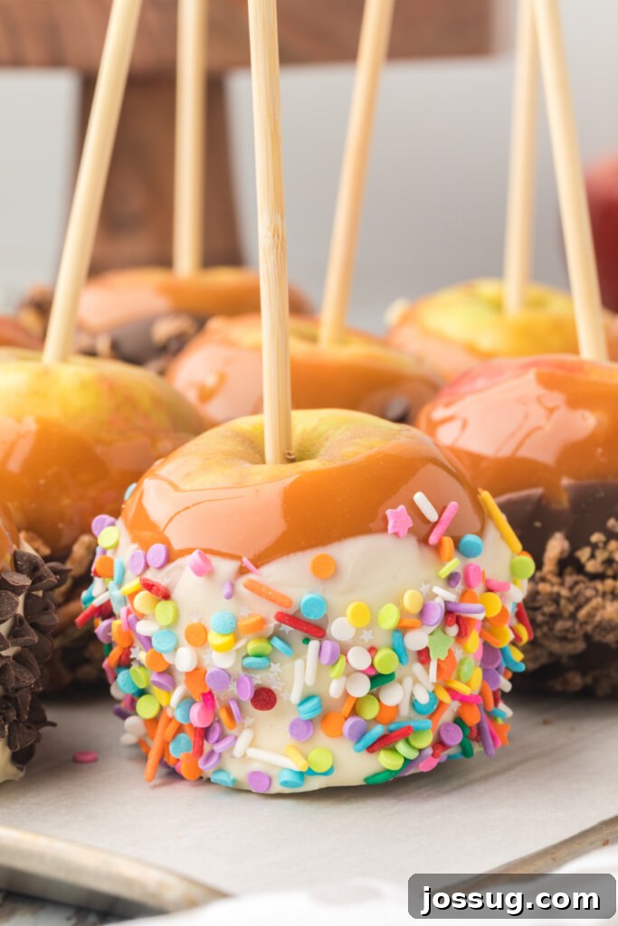 A beautifully decorated homemade caramel apple, showcasing various gourmet toppings.