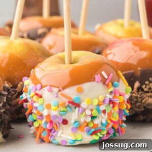 A close-up of a gorgeously decorated caramel apple, showcasing its texture and toppings.