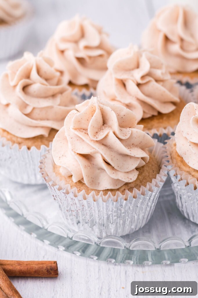 Delicious Snickerdoodle Cupcakes arranged on a elegant glass serving plate