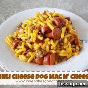 Chili Cheese Dog Mac n' Cheese served in a bowl