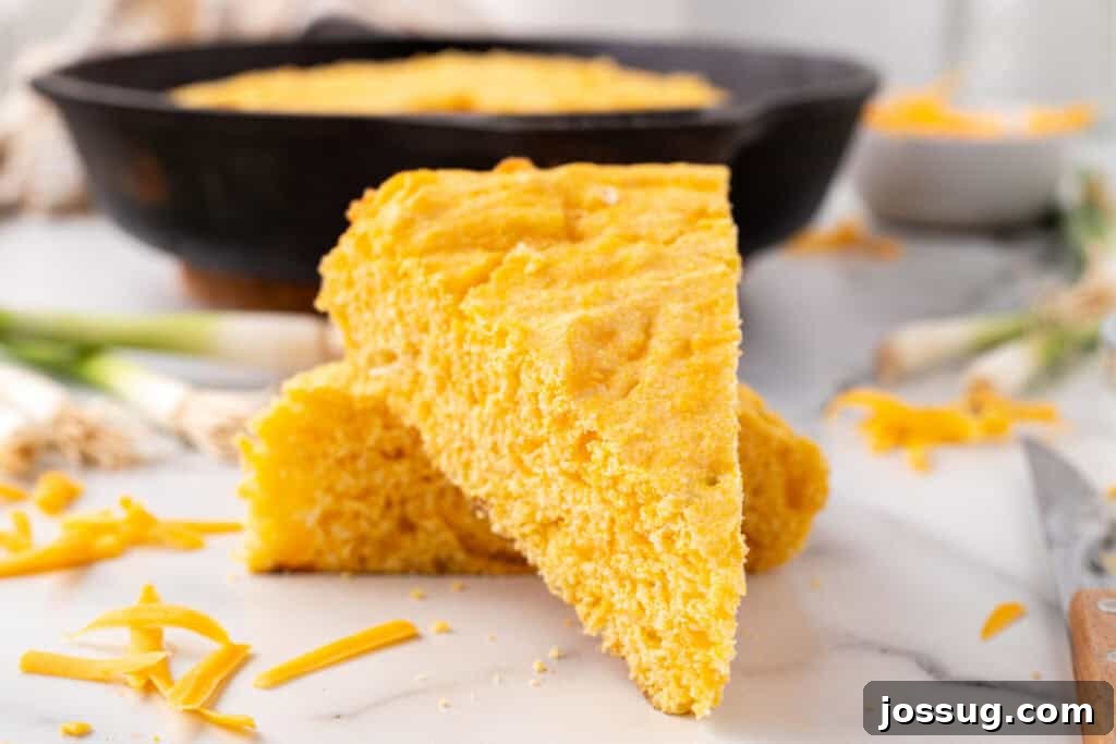 Savory Cheddar Onion Cornbread 13 Close-up of two perfect slices of Cheddar Onion Cornbread, revealing visible bits of melted cheese and a tender, golden crumb.