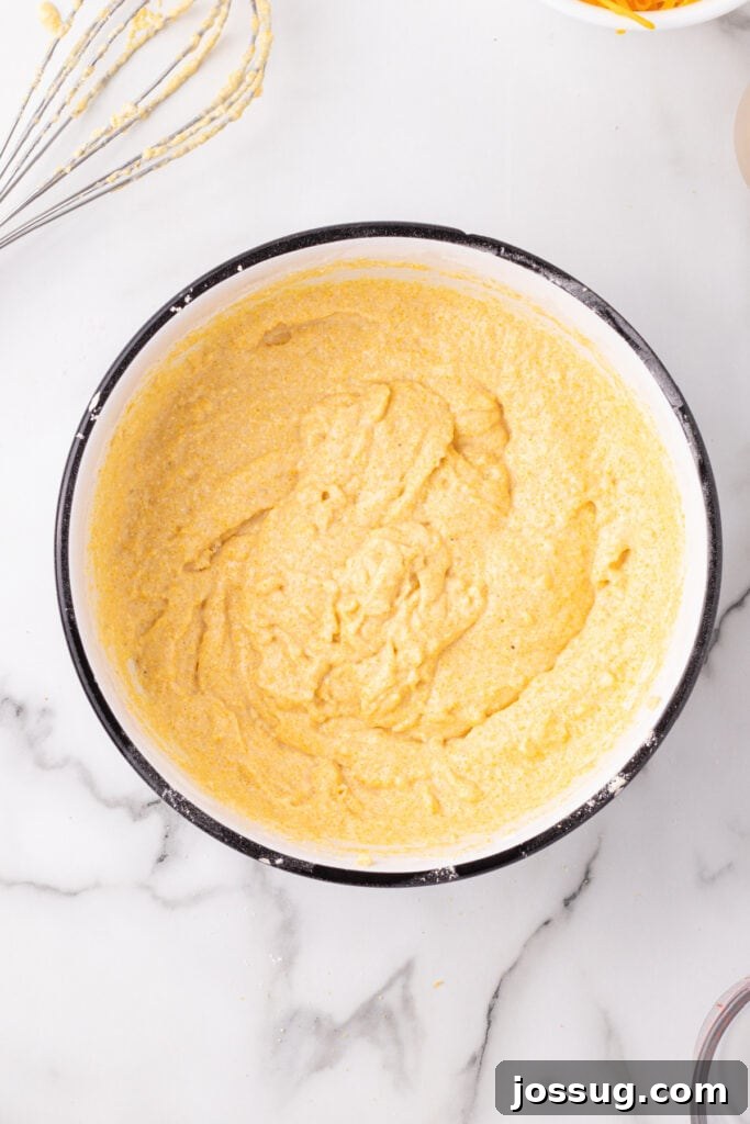 Savory Cheddar Onion Cornbread 6 Partially mixed Cheddar Onion Cornbread batter showing a smooth, thick consistency in a white bowl.