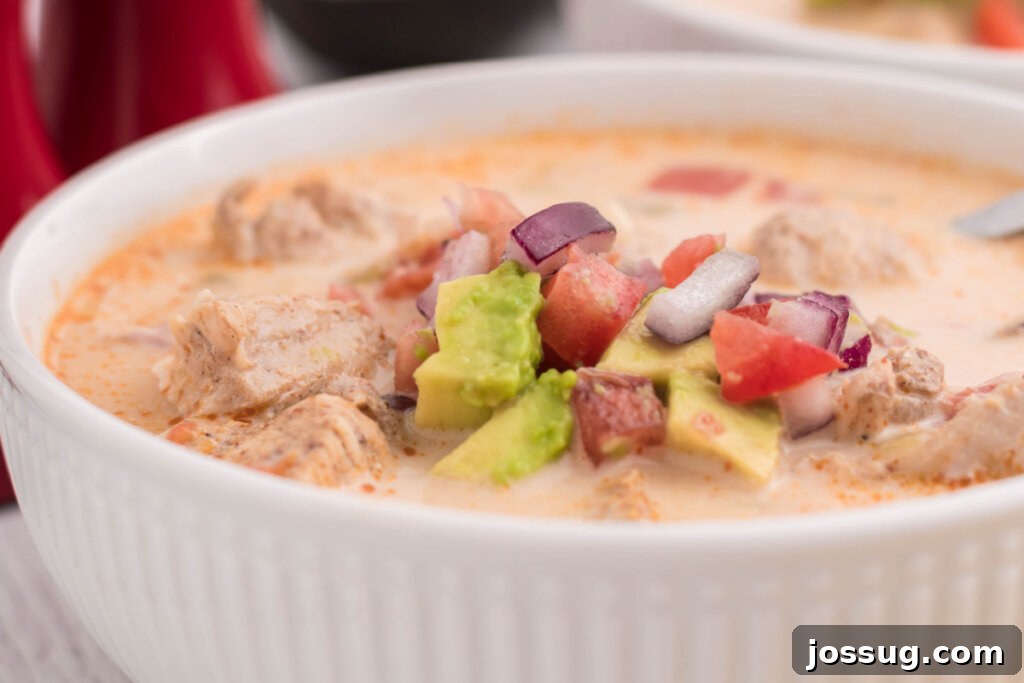 Southwestern King Ranch Chicken Soup 5 A close-up of a rustic white bowl overflowing with King Ranch Chicken Soup, garnished beautifully.