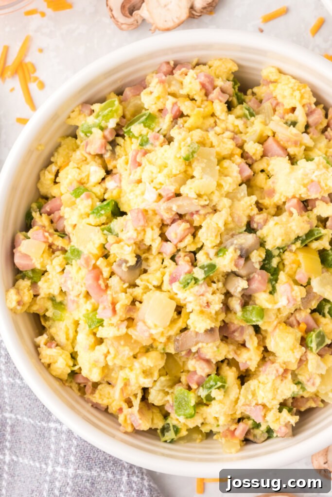 Denver Scramble 2 A hearty Denver Omelet Scramble served in a white bowl, ready to enjoy for breakfast or dinner.