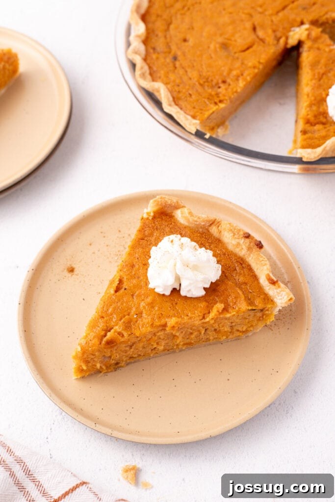 Sunshine Sweetness Pie 2 Close-up of a single slice of sweet potato pie on a tan plate topped with a swirl of whipped cream.