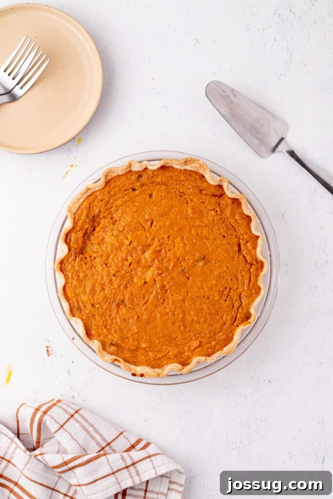 Sunshine Sweetness Pie 8 Fully baked sweet potato pie with a golden-brown crust cooling on a light background.