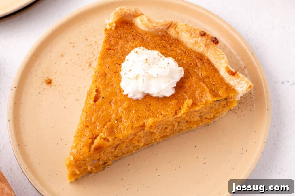 Sunshine Sweetness Pie 10 Close-up of a slice of sweet potato pie on a tan plate topped with a dollop of whipped cream and sprinkled with cinnamon.