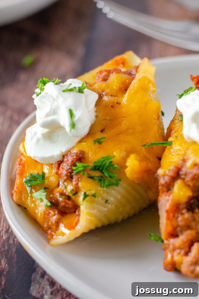 Flavorful Enchilada Stuffed Shells served on a white plate, ready to enjoy.