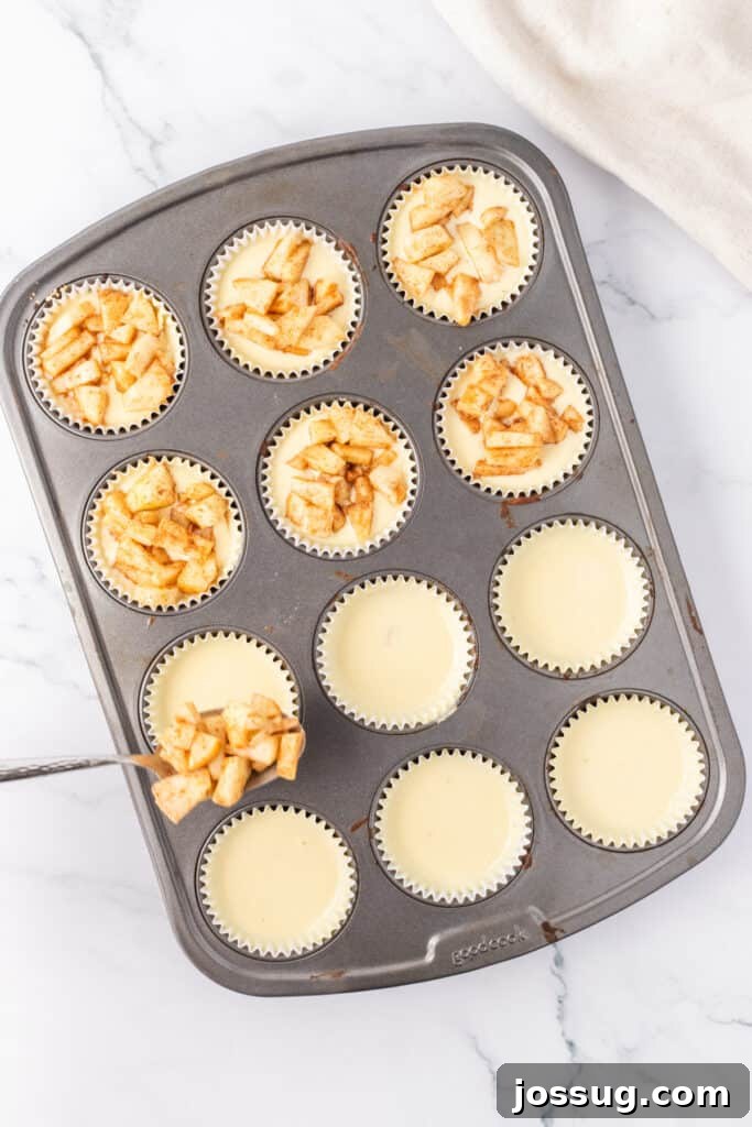 Spiced Apple Crumble Cheesecake Delights 13 A muffin pan with mini cheesecakes, each generously topped with a spoonful of the cinnamon-spiced apple mixture, creating a delicious and aromatic middle layer.