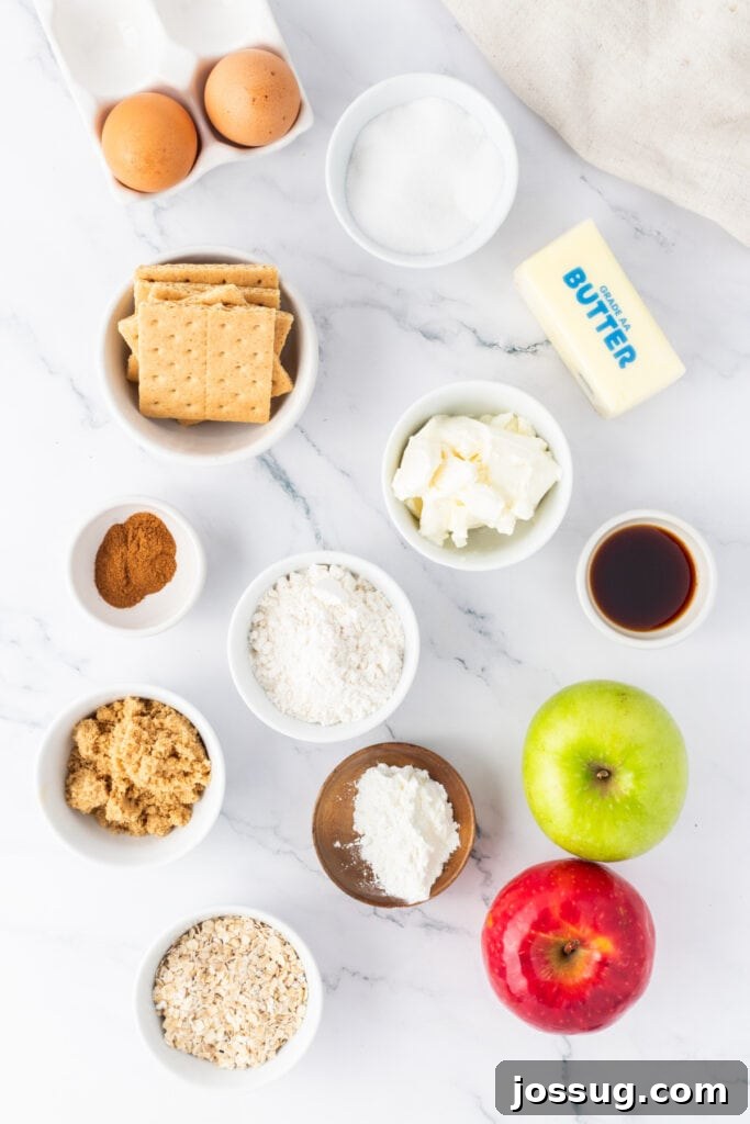 Spiced Apple Crumble Cheesecake Delights 3 An overhead shot neatly displaying all the essential ingredients for preparing Mini Apple Crumble Cheesecakes: fresh crisp apples, softened cream cheese, eggs, graham crackers, rolled oats, granulated sugar, butter, and ground cinnamon, all arranged on a pristine white marble countertop.