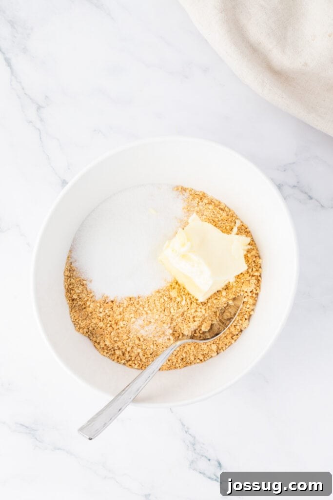 Spiced Apple Crumble Cheesecake Delights 6 A mixing bowl containing golden graham cracker crumbs, granulated sugar, and melted unsalted butter, ready to be thoroughly combined to form the cheesecake crust mixture.