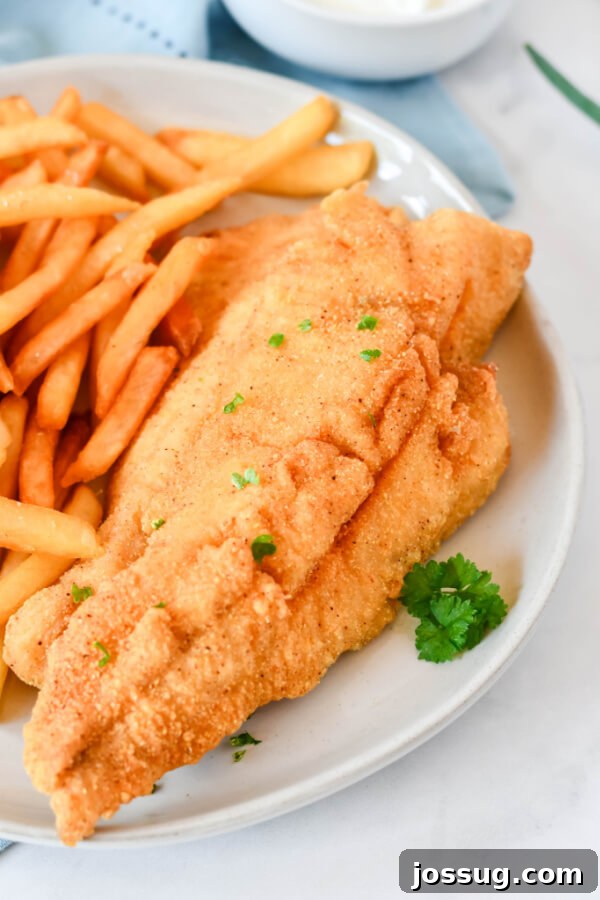 fried fish portion on plate with fries