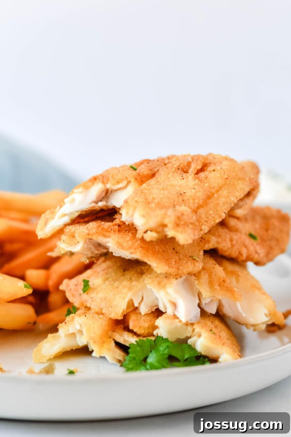 flaky fish fillet broken in half and stacked on top of each other