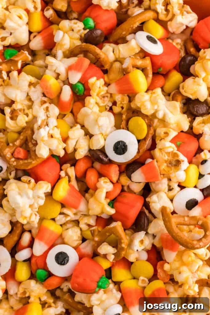 Monster Munch Popcorn 9 Close-up of Monster Mash Popcorn showing details of popcorn, candy eyeballs, pretzels, candy corn, and pumpkins.