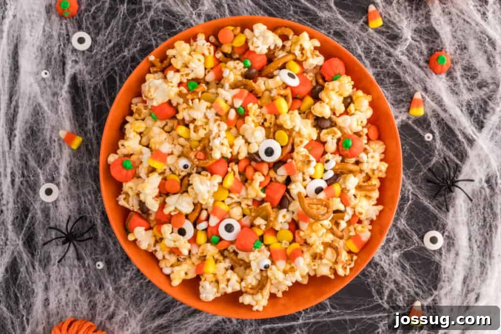 Monster Munch Popcorn 10 Overhead shot of Monster Mash Popcorn in an orange bowl with candy eyeballs, candy corn, and pumpkins mixed in, surrounded by Halloween decorations.