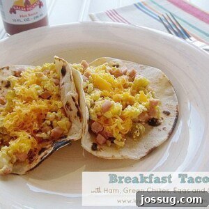 Ham Green Chilie Egg and Cheese Tacos 2 Breakfast Tacos with Ham, Green Chilies, Eggs, and Cheese