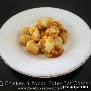 Delicious BBQ Chicken and Bacon Tater Tot Casserole in a baking dish