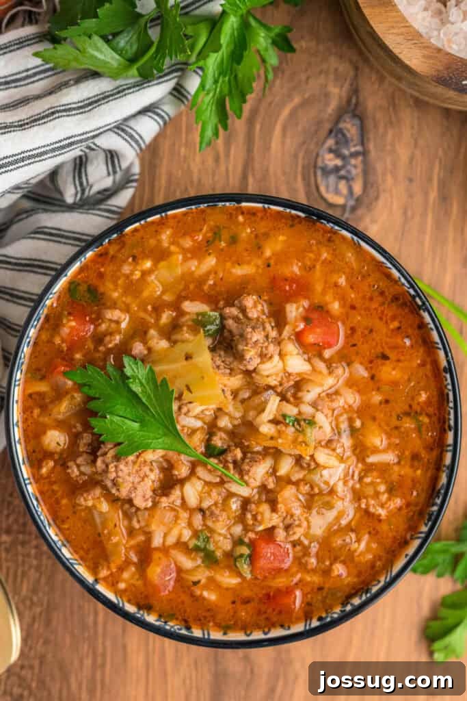 Overhead close-up of hearty cabbage roll soup garnished with fresh parsley, served in a rustic blue-rimmed bowl on a warm wooden table.